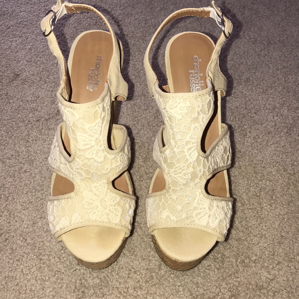 Cream lace cork wedges